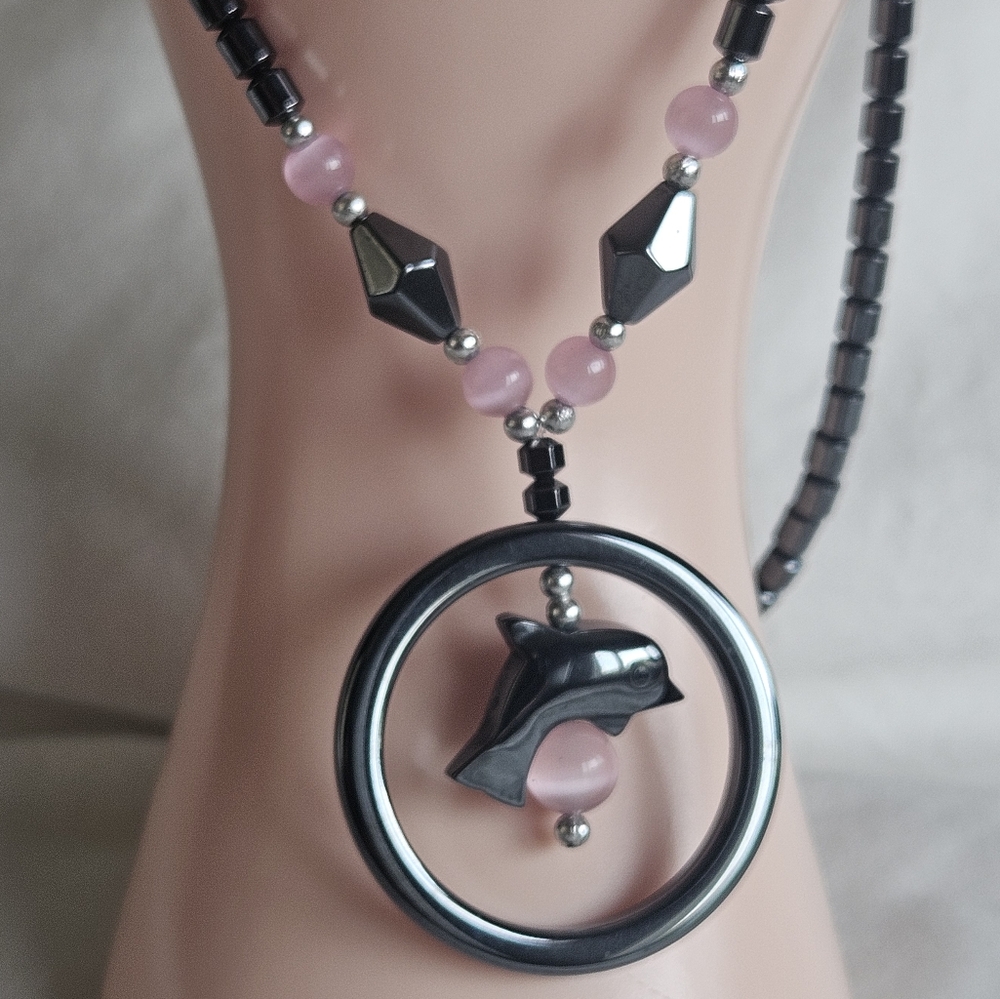 Dolphin Black and Pink Gemstone Hematite Necklace